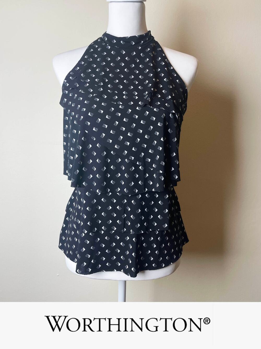 Worthington Black White Geometric Sleeveless High Neck Halter Peplum Top Small